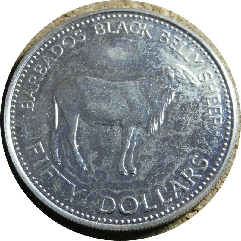 Elf Barbados 50 Dollars 1981 Fao World Food Day Silver Black Belly Sheep